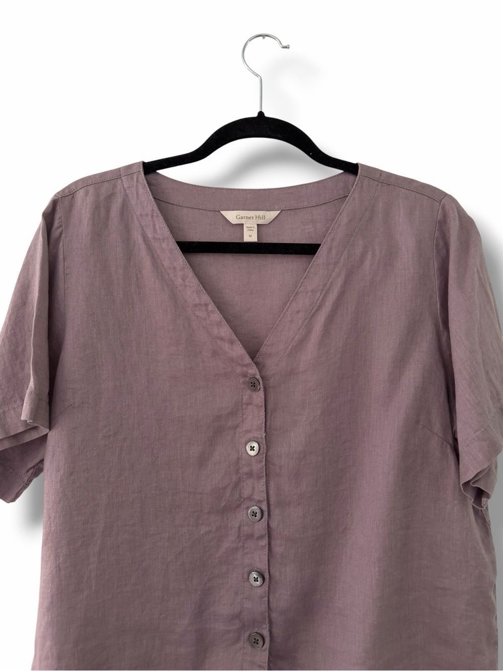 Garnet Hill Lavender V-Neck Short-Sleeve Linen Button Front Top - Picture 3 of 10